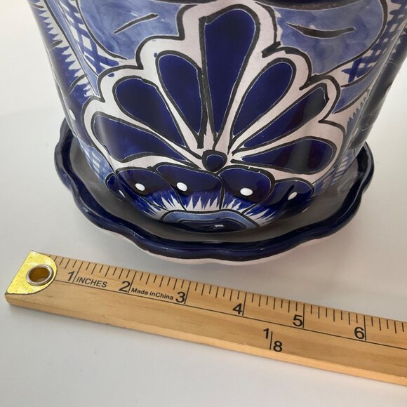 New Handcrafted HandPainted Talavera Pottery Planter Saucer Blue White - Picture 11 of 15